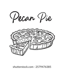 Pecan pie line art vector. For packages, flyers, and other designs. Hand Draw lettering. 