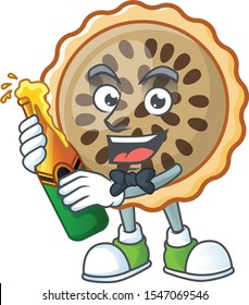 pecan pie mascot with bring beer on white background