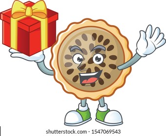 pecan pie mascot with bring gift on white background