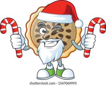 pecan pie mascot with santa bring candy on white background