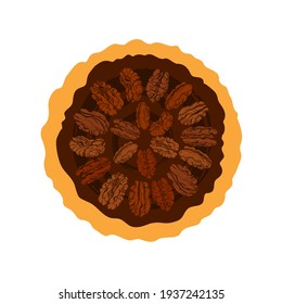 Pecan pie, texture nuts. Word day. Vector round sweet cake in cartoon style isolated on white background. Traditional apple food. Top view
