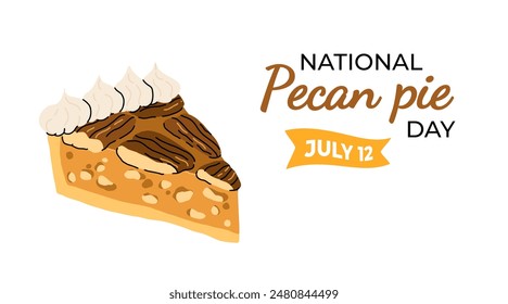 Tarta de pacana con crema batida o helado conjunto de dibujos animados. Rebanada y pastel de nuez, pastel de nuez. Nueces de pacana en cáscara en lindo estilo plano. Día de apreciación de Pecan Pie.