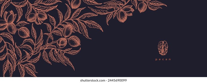 Pekannuss, Zweig mit Blättern und Nuss. Vektorgrafik Vintage Gravur goldene Illustration auf schwarzem Hintergrund. Handgezeichnete Textur-Skizze für Etikett und Verpackung. Bio-vegetarisches Produkt
