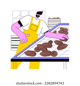 Pecans production isolated cartoon vector illustrations. Man deals with commercial nuts production, pecans harvest, agribusiness industry, processing-manufacturing sector vector cartoon.
