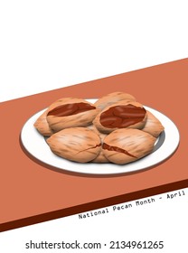 Pecans served on a white plate on a brown table, National Pecan Month in April