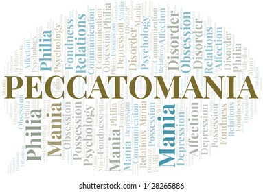 Peccatomania word cloud. Type of mania, made with text only.