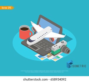 pecial offer on business Travel. Business trip banner. Passport with tickets. Air travel concept. Business travel illustration. 50% off. Vector isometric illustration.