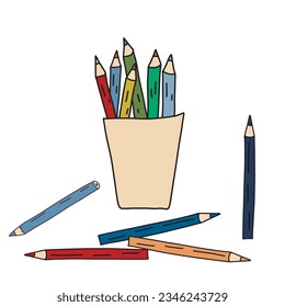 Pecil box with pencils. School doodle color element. Education back to school clip art