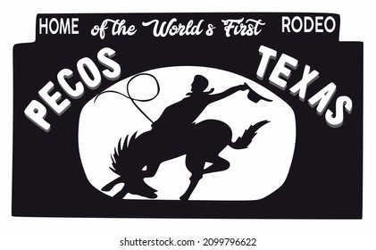 Pecos Texas con silueta de vaquero montando caballo