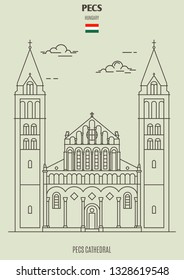 Pecs Cathedral in Pecs, Hungary. Landmark icon in linear style