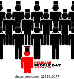 Peculiar People Day to celebrate on January 10th. Illustration of a red person icon wearing a hat upside down among other normal ones.