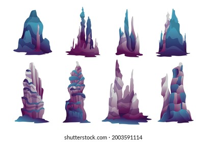 Peculiar shape stalagmites mineral formations growing on underwater caverns karst caves bottom realistic varieties set vector illustration