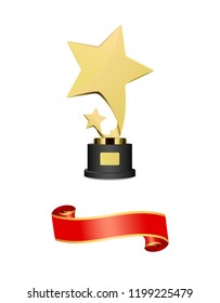 Peculiar trophy with shooting stars on wooden stand and curled ribbon or tape. Isolated vector award statuette for contest or competition winning.