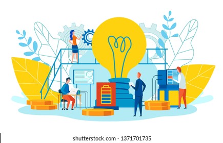 Peculiarities and Main Ways Teamwork Cartoon Flat. Men and Women Work Ideas. Foreground is Large Incandescent Lamp. Team Metaphor Progress and Growth. Professional Position and Attitude.