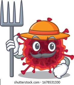 Pedacovirus in Farmer cartoon character with hat and pitchfork