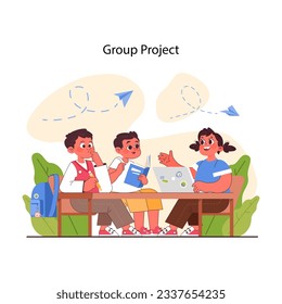 Pedagogy. Group project collaboration. Method of children upbringing and education. Primary school kids gaining knowledge and skills together, modern approach to teaching. Flat vector illustration