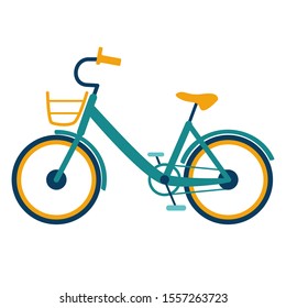 Pedal bike with a basket and low frame on a white background isolated. Side view of the silhouette of a yellow-green electric bicycle. Vector illustration