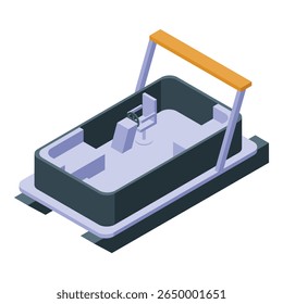 Pedal boat floating on calm water, featuring a steering wheel, canopy, and comfortable seating