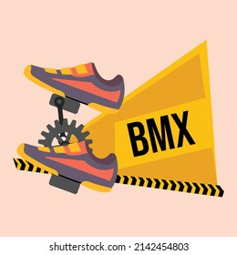 Pedal of a fast moving racing bicycle and shoes sport. Colored flat graphic vector illustration.