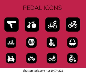 pedal icon set. 12 filled pedal icons. Included Saddle, Tandem, Bike, Pedal, Bicycle, Unicycle icons
