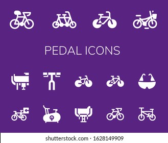 pedal icon set. 14 filled pedal icons. Included Bike, Tandem, Bicycle, Saddle, Handlebar icons