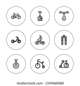 Pedal icon set. collection of 9 outline pedal icons with bicycle fork, bicycle, bike, biking icons. editable icons.