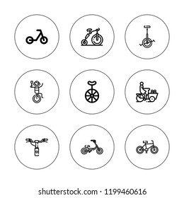 Pedal icon set. collection of 9 outline pedal icons with bicycle, bike icons. editable icons.