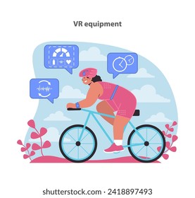 Pedal into the future of exercise with our VR equipment illustration, highlighting a cyclist using virtual reality tech to enhance her fitness journey amid a serene sky backdrop.