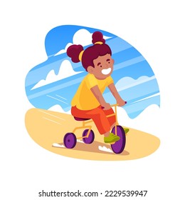 Pedaling a tricycle isolated cartoon vector illustration. Child riding a tricycle, physical development of preschool children, kindergarten sport equipment, early education vector cartoon.