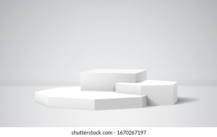 Pedestal with 3D cube, polygons and shadow in the room