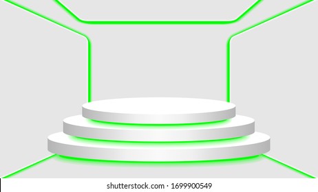 pedestal 3d and green light neon lamp glowing in empty interior room, cosmetics display modern and LED light, podium stage and green fluorescent glow light decor, pedestal circle for ad product place