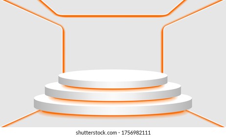 pedestal 3d and orange light neon lamp glowing in empty interior room, cosmetics display modern and LED light, podium stage and orange fluorescent glow light decor, pedestal circle for product place