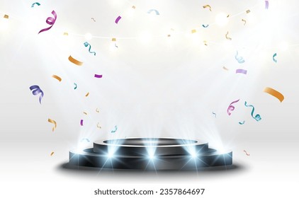 Pedestal for awarding or performance. Falling confetti on the podium.