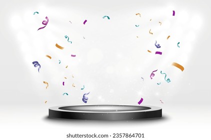 Pedestal for awarding or performance. Falling confetti on the podium.