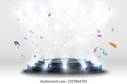 Pedestal para el otorgamiento o la actuación. Caer confetti en el podio.