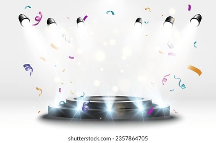 Pedestal for awarding or performance. Falling confetti on the podium.