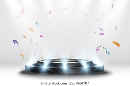 Pedestal for awarding or performance. Falling confetti on the podium.