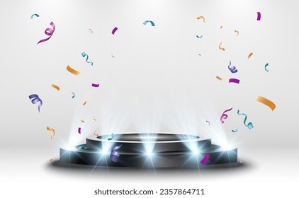 Pedestal for awarding or performance. Falling confetti on the podium.