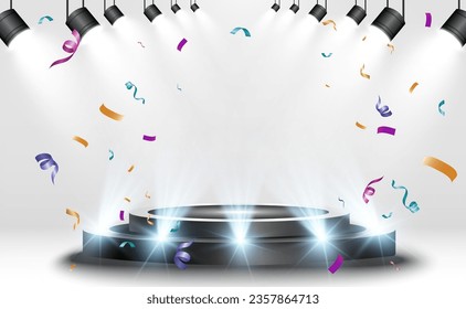 Pedestal for awarding or performance. Falling confetti on the podium.