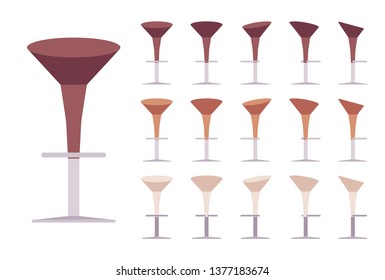 Pedestal barstool. Bar and cafe furniture, high dinning chair for home or restaurant, comfort form seat. Vector flat style cartoon illustration isolated on white background, different views and colors