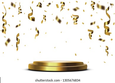 Pedestal with colorful confetti isolated on grey background. Vector illustration. Round podium. Winner concept