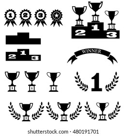 Pedestal with cups silhouette on a white background,the icons award for first, second and third place, mono vector, laurels, ribbon.
