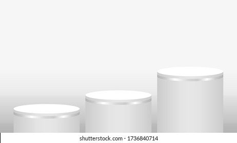 Pedestal Cylinder Circle 3 Steps For Cosmetics Showcase, Podium Circle Stage White Grey And Silver Color, Platform Three Steps And Advertising Copy Space, Podium Round Five Layers Of Product Display