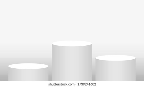 pedestal cylinder circle 3 steps for cosmetics showcase, podium circle stage white grey and silver color, platform three steps and advertising copy space, podium round five layers of product display