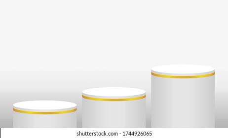 pedestal cylinder circle 3 steps for cosmetics showcase, podium circle stage white grey and silver color, platform three steps and advertising copy space, podium round five layers of product display