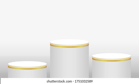 pedestal cylinder circle 3 steps for cosmetics showcase, podium circle stage white grey and silver color, platform three steps and advertising copy space, podium round five layers of product display