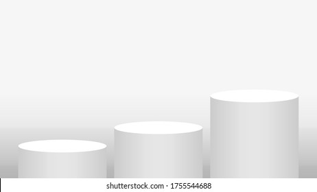 pedestal cylinder circle 3 steps for cosmetics showcase, podium circle stage white grey and silver color, platform three steps and advertising copy space, podium round five layers of product display