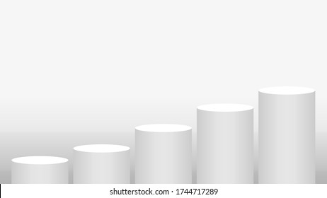 pedestal cylinder circle 5 steps for cosmetics showcase, podium circle stage white grey and silver color, platform five steps and advertising copy space, podium round for product display, vector