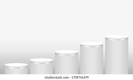 pedestal cylinder circle five steps for cosmetics showcase, 3d podium circle stage white grey and silver color, platform 5 steps and advertising copy space, podium round five layers of product display