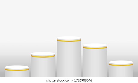 pedestal cylinder circle five steps for cosmetics showcase, podium circle stage white grey and gold color, platform 5 steps and advertising copy space, podium round five layers of product display